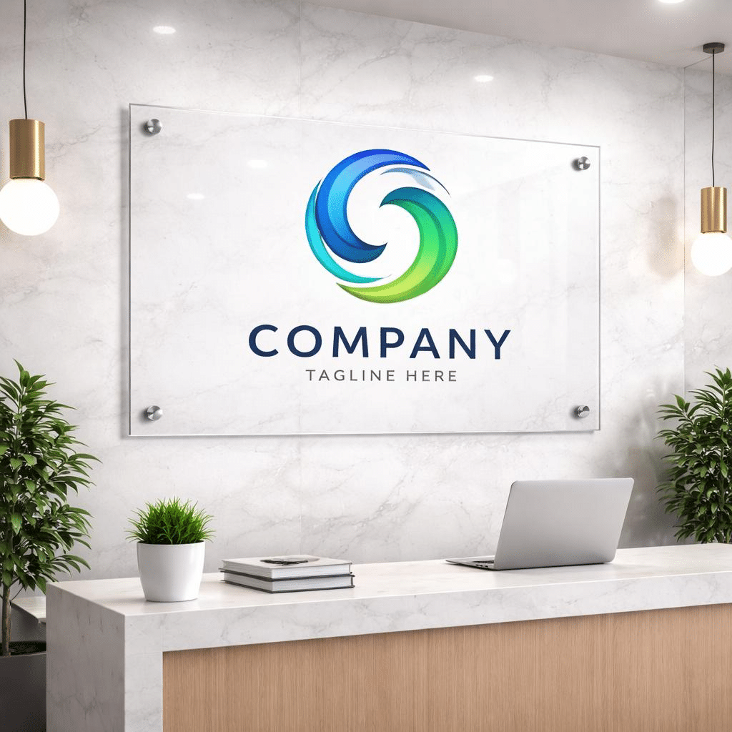 Branded reception wall with acrylic logo and illuminated signage