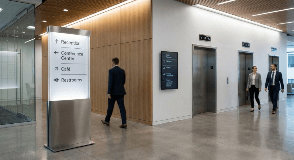 Corporate wayfinding and directional signage inside an office