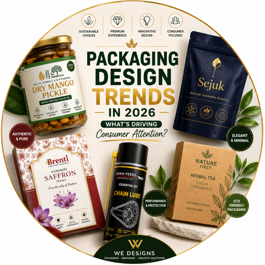Packaging Design Trends in 2026 featuring premium product packaging examples by We Designs