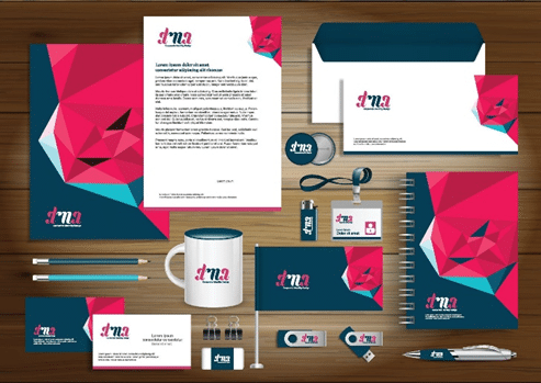 Brand identity design including logo, business card, stationery, and corporate branding.