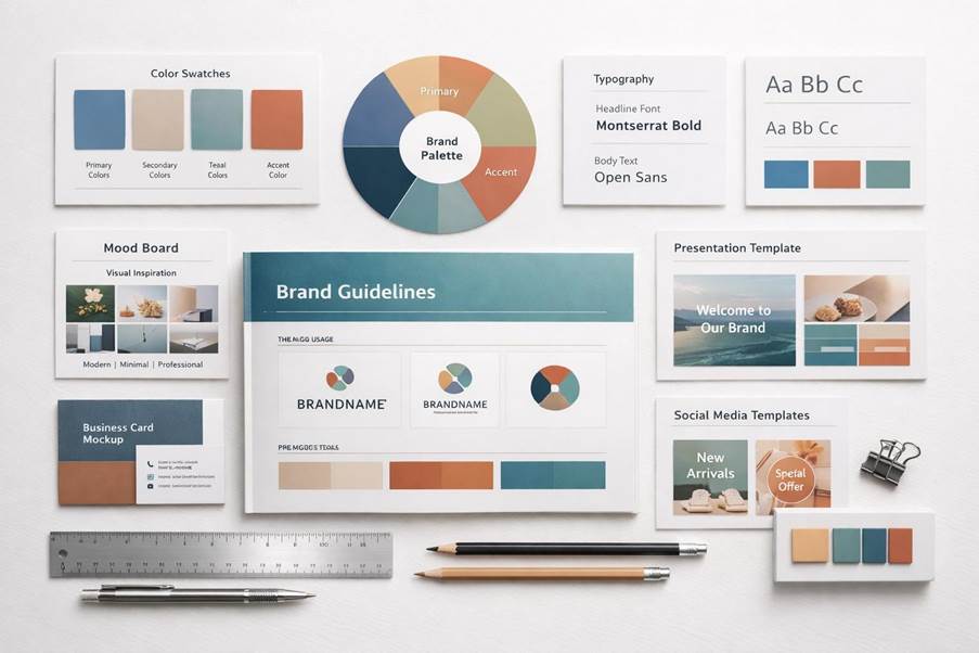 Brand identity elements including logo, colours and typography
